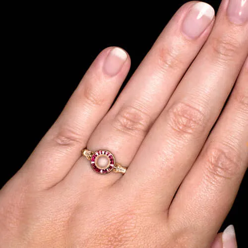 ART DECO STYLE RUBY DIAMOND HALO ENGAGEMENT RING ROSE GOLD SETTING 5mm ROUND