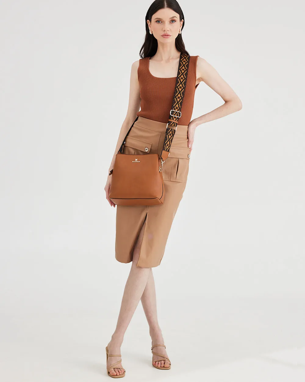 Joanie 3 Compartment Crossbody Bucket Bag   Aztec Bag Strap