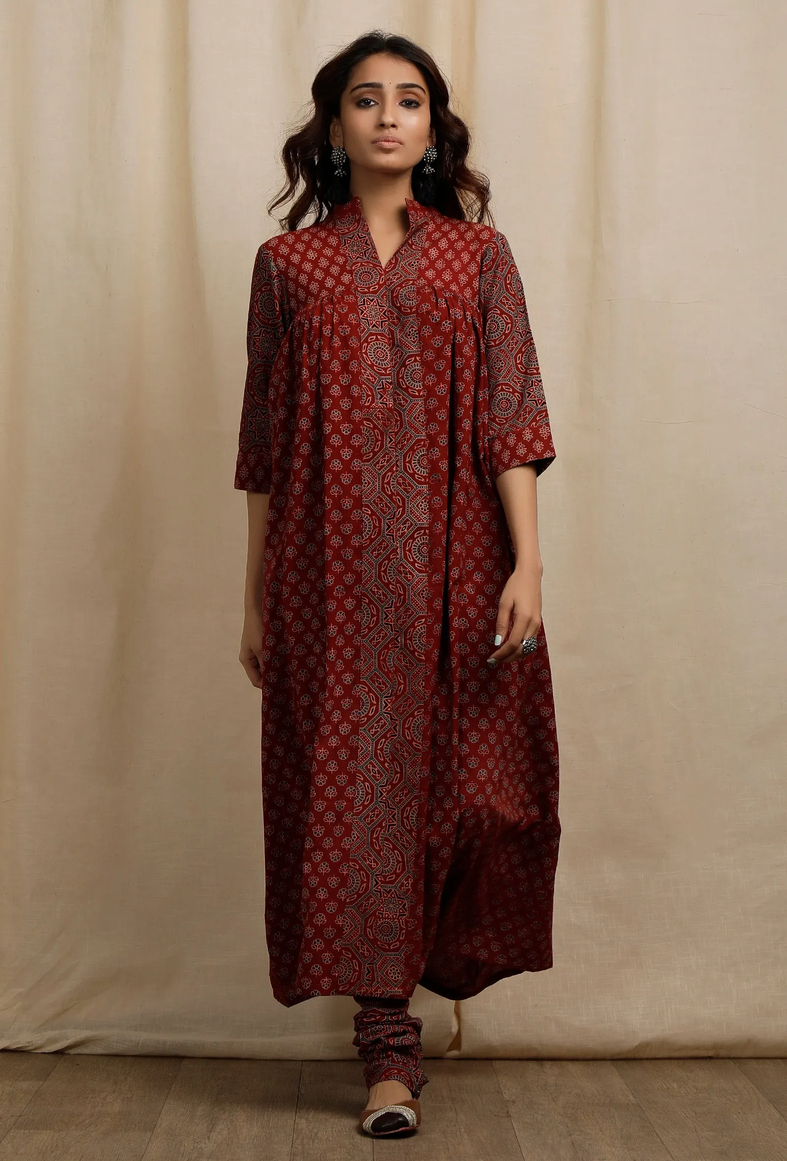 Set of 2:  Red Ajrakh Print Gathered and Flared Kurta with Ajrakh Print Churidar