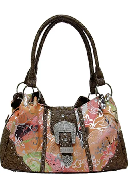 Texas Leather Floral Print with Tooled Trim Handbag